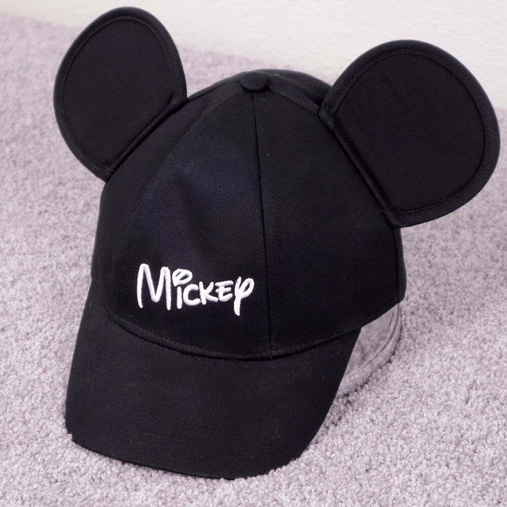 Walt Disney Mickey Hat with Ears 100% Cotton Black Baseball Cap Adjustable OneSz